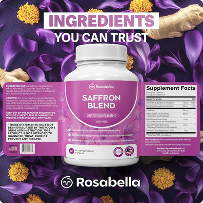 Rosabella Saffron Blend Supplement for Men & Women – Saffron, B6, Magnesium & Herbal Extract Capsules – Supports Mood, Focus & Clarity – Non-GMO, Gluten-Free – 60 Capsules – 30-Day Supply